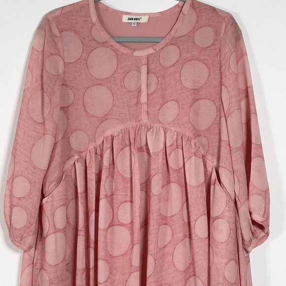 Jian Ruyi Mini Dress Sz XL Pink Polka Dot 3/4 Sleeve Relaxed Lagenlook - Picture 2 of 11
